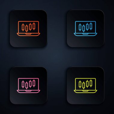 Borsa büyüme grafikleri ve kara fon üzerinde izole edilmiş para ikonu içeren renkli neon hattı dizüstü bilgisayarı. Ekranda ok grafikleri olan bir monitör. Kare düğmelere simgeleri yerleştir. Vektör