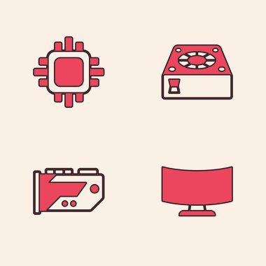 Bilgisayar monitörü ekranını, işlemciyi işlemci, soğutucu ve Video grafik kartı simgesi ile ayarla. Vektör