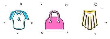 Tişört, el çantası ve etek simgesini ayarla. Vektör