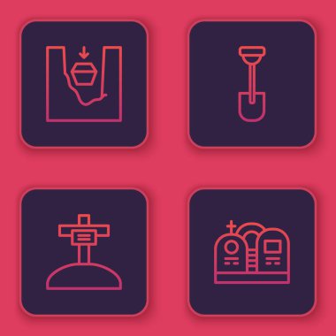 Tabut 'u mezara, Mezar' ı haçla, Kürek 'le ve mezar taşıyla belirleyin. Mavi kare düğme. Vektör