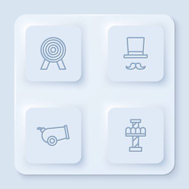 Hedef alın, Sihirbaz, Top ve Cazibe Atlıkarınca. Beyaz kare düğme. Vektör