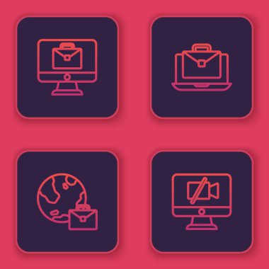 Çevrimiçi çevrimiçi ve video kamerayı bilgisayarda kapat. Mavi kare düğme. Vektör