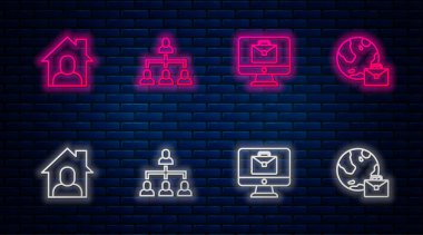 Hiyerarşi çizelgesini hazırla, online çalışıyor ve... Tuğla duvarda parlayan neon simgesi. Vektör