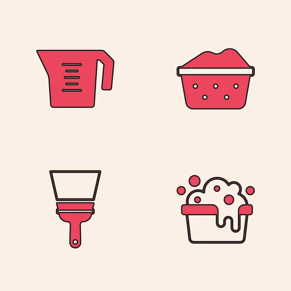 Set Basin met zeep peulen, maatbeker en Rubber reiniger voor ramen icoon. Vector — Stockvector