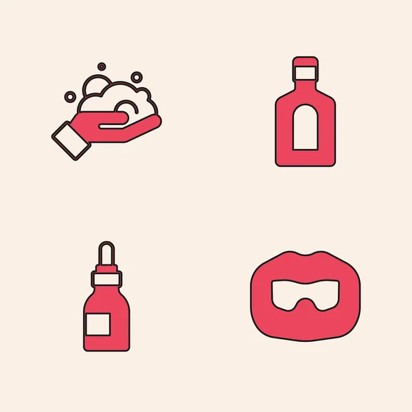 Набор усов и бороды, пена для бритья на руке, бутылка шампуня и иконка масляная бутылка. Вектор — стоковый вектор