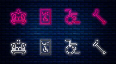 Engelliler için ayrı bir tuvalet, tekerlekli sandalye, tekerlekli sandalyesiz adam, tekerlekli sandalye ve baston. Tuğla duvarda parlayan neon simgesi. Vektör