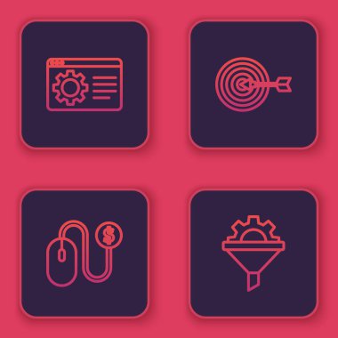 Satır Tarayıcı ayarı, Reklamcılık, Hedef ve Satış hunisini donanımlı olarak ayarla. Mavi kare düğme. Vektör