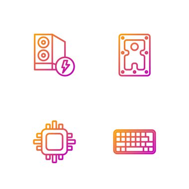 Satır Klavyesini, İşlemcili İşlemci, Bilgisayar Kutusu ve Sabit disk Sürücüsü HDD 'yi ayarla. Renk simgeleri. Vektör