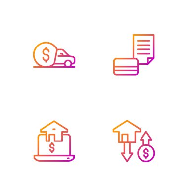 Evi dolarla, online gayrimenkulle, araba kiralama ve kredi kartıyla ayarla. Renk simgeleri. Vektör
