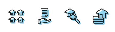 Set hattı Arama Evi, Emlak, Ev Sözleşmesi ve Kredi Kartı ikonu. Vektör
