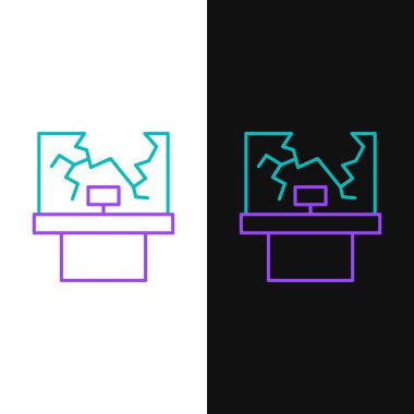 Kırık pencere simgesi beyaz ve siyah arkaplanda izole edildi. Hasarlı pencere. Pencere camı kavramını yendim. Vandalizm. Renkli taslak konsepti. Vektör