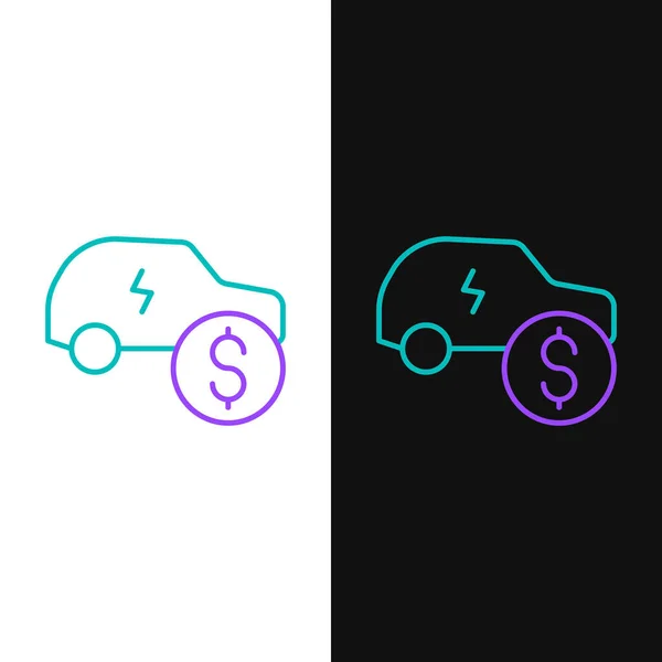 Icono del precio del coche eléctrico de línea aislado en fondo blanco y negro. Concepto de crecimiento de la industria automotriz eléctrica. Concepto de venta de coches eléctricos. Concepto de esquema colorido. Vector — Vector de stock