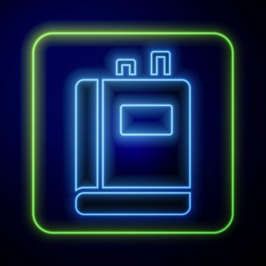 Parlayan neon kitap simgesi mavi arkaplanda izole edildi. Vektör
