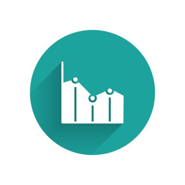 Beyaz Pasta grafiği bilgi simgesi uzun gölge arkaplanı ile izole edildi. Diyagram çizelgesi. Yeşil daire düğmesi. Vektör