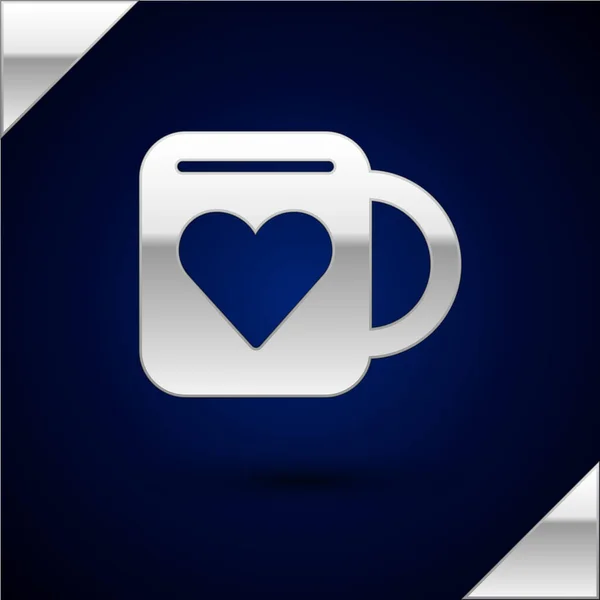 Tazza di caffè argento e icona del cuore isolato su sfondo blu scuro. Coppia di caffè per gli amanti a San Valentino. Vettore — Vettoriale Stock