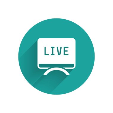 Beyaz Canlı rapor simgesi uzun gölge arkaplanı ile izole edildi. Canlı haberler, sıcak haberler. Yeşil daire düğmesi. Vektör