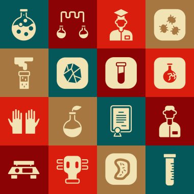 Test tüpü ve matarayı hazırlayın, laboratuvar asistanı, çatlak, tuz taşı ve simge. Vektör