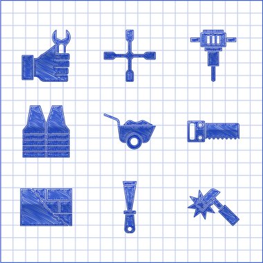 El arabası, macun bıçağı, çekiç, testere, tuğla, güvenlik yeleği, inşaat matkabı ve İngiliz anahtarı ikonu. Vektör