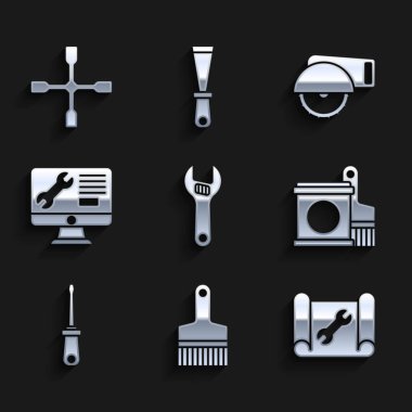 Ayarlanabilir anahtar, boya fırçası, çizim kağıdı ve kova, tornavida, bilgisayar monitörü servisi, elektrikli testere ve tekerlek simgesi. Vektör