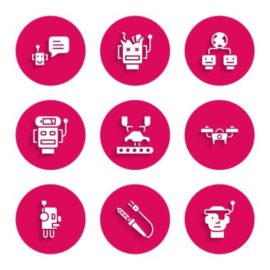 Robot kolu fabrikaya, lehim demiri, akıllı gözlük, dron, düşük pil şarjı, yapay zeka ve robot ikonu yerleştirin. Vektör