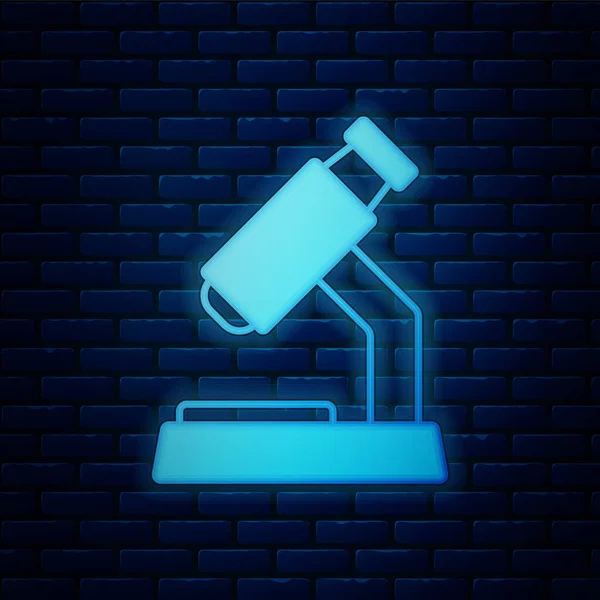 Ícone de microscópio de néon brilhante isolado no fundo da parede de tijolo. Química, instrumento farmacêutico, ferramenta de ampliação microbiologia. Vetor —  Vetores de Stock