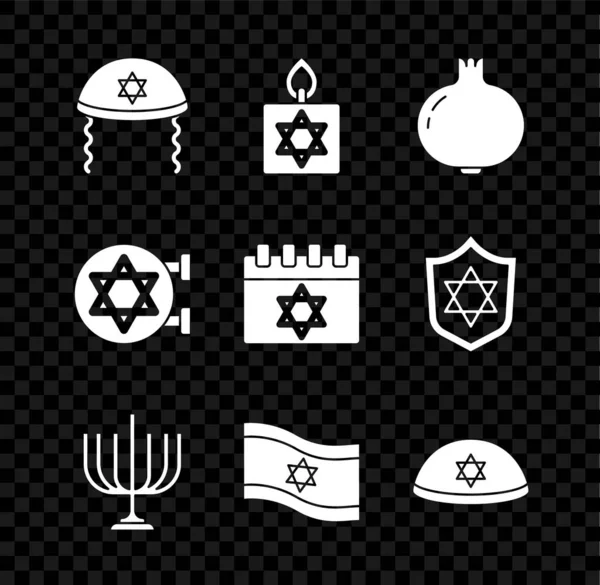 Sätt judisk kippá, brinnande ljus, granatäpple, hanukka menorá, Israels flagga, synagoga och kalenderikon. Vektor — Stock vektor