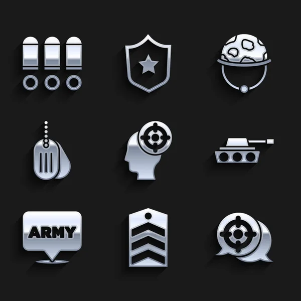 Установите Target sport, Chevron, Military tank, army, dog tag, helmet and Bullet icon. Вектор — стоковый вектор