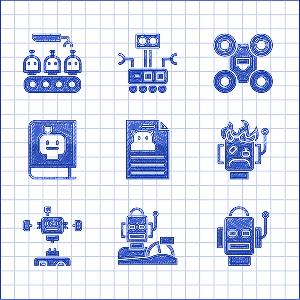 Ange tekniska specifikationer, Robot humanoid körning bil, utbränd, demonterad robot, bruksanvisning, drönare och industriell produktion av robotar ikon. Vektor — Stock vektor