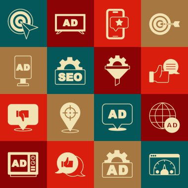 Web sitesi istatistiği, reklamcılık, müşteri ürün değerlendirmesi, seyyar inceleme, SEO optimizasyonu, Hedef ve Satış huni dişli ikonu ayarla. Vektör