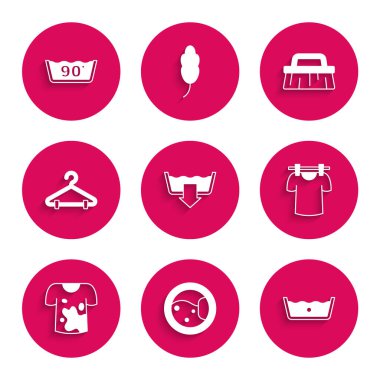 Yıkama modlarını, çamaşır makinesini, sıcaklığı, kurutma giysilerini, kirli tişörtleri, elbise asma dolabını, temizlik ve ikon için fırçayı ayarla. Vektör