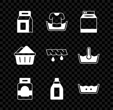 Çamaşır deterjanı, tişörtlü leğen, çamaşır makinesi, temizlik malzemesi şişesi, sismik yıkama, sabun köpüğü ve sıkma giysi ikonu. Vektör