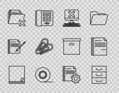 Satır Dosya belgesini ayarla, Belgeli çekmece, Bilgisayar klavyesi ve x işareti, Scotch, Sil klasörü, Kağıt atacı, Belge ayarları dişlileri ve simge. Vektör