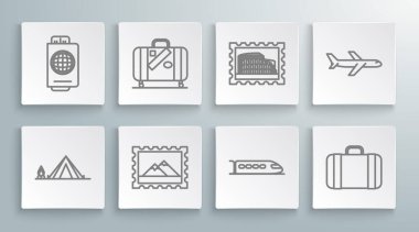 Ahşap ateşli turist çadırı seyahat ve çıkartmalar için bavul posta pulu dağları, tren, stadyum, uçak ve pasaport bilet ikonu. Vektör