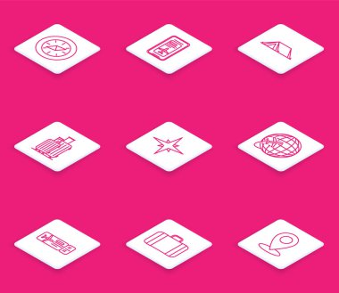 Set hattı pusula, elektronik uçak biletli akıllı telefon, turist çadırı, seyahat çantası, Rüzgar gülü, Globe uçuş uçağı, havayolu ve ikonu. Vektör