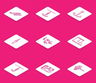 Olta ipini suyun altına, balığa, botlara ve takvim ikonuna takın. Vektör