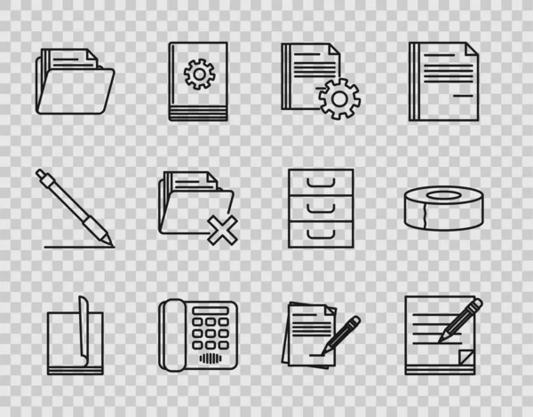 Ορισμός εγγράφου αρχείου γραμμής, κενό σημειωματάριο και μολύβι με γόμα, εργαλεία ρυθμίσεων εγγράφων, Τηλέφωνο, φάκελο, Διαγραφή και εικονίδιο Scotch. Διάνυσμα — Διανυσματικό Αρχείο