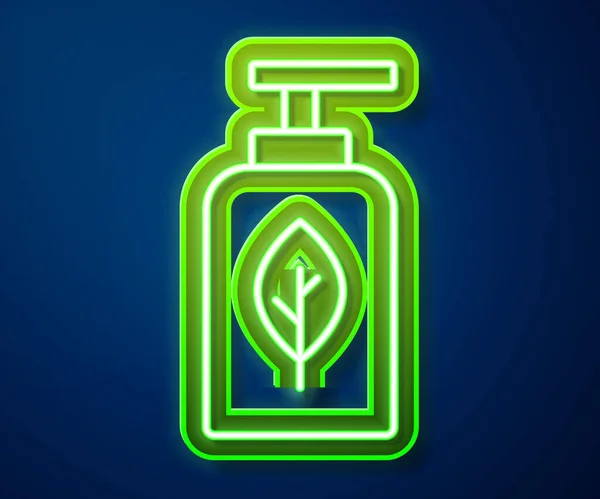 Línea de neón brillante Icono de botella de aceite esencial aislado sobre fondo azul. Esencia de aromaterapia orgánica. Cuidado de la piel suero vaso gota paquete. Vector — Vector de stock