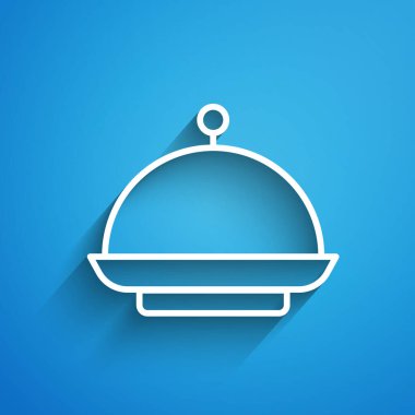 Mavi arka planda izole edilmiş bir tepsi yiyecek ikonu ile kaplanmış beyaz çizgi Noel. Tepsi ve kapak işareti. Mutlu Noeller ve mutlu yıllar. Uzun gölge. Vektör