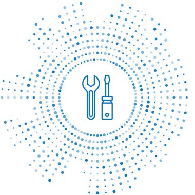 Mavi çizgi tornavida ve anahtar anahtarı simgesi beyaz arkaplanda izole edildi. Servis aracı sembolü. Soyut çember rastgele noktalar. Vektör