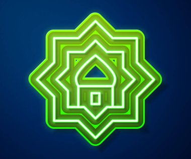 Parlayan neon hattı Müslüman cami simgesi mavi arka planda izole edildi. Vektör