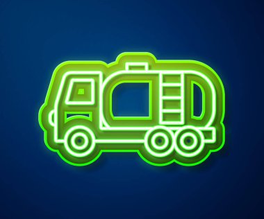 Parlayan neon hattı tanker ikonu mavi arka planda izole edildi. Petrol tankeri, petrol kamyonu, sarnıç, petrol karavanı. Vektör