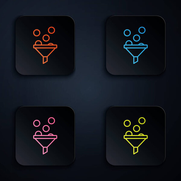 Color neon line Lead management icon isolated on black background. Funnel with money. Target client business concept. Set icons in square buttons. Vector