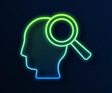 Mavi arka planda izole edilmiş bir insan simgesini aramak için parlayan neon hat büyüteç. İşe alma ya da seçme. Çalışanları ve işi ara. Vektör