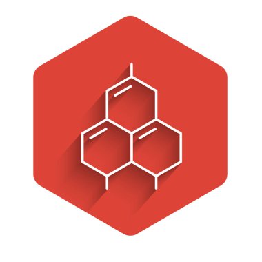 Beyaz çizgi kimyasal formül ikonu uzun gölge arkaplanı ile izole edildi. Yenilikçi tıp, sağlık, araştırma ve bilim için soyut altıgen. Kırmızı altıgen düğmesi. Vektör