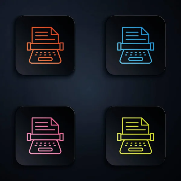 Színes neon vonal Retro írógép és papír lap ikon elszigetelt fekete háttérrel. Állítsa ikonok négyzet gombok. Vektor — Stock Vector