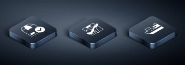 Isometric Ackage kutusunu işaretli olarak ayarla, kargo kutusu teslimatı ve uçak ve karton simge. Vektör