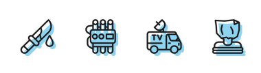 TV haber arabası, kanlı bıçak, dinamit, zamanlayıcı ve adam kaçırma ikonu. Vektör