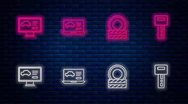 Hattı, arabanın durumunu, araba tekerleğini ve uzaktan kumandalı anahtarı ayarla. Tuğla duvarda parlayan neon simgesi. Vektör