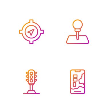 Hat şehir haritası navigasyonu, trafik ışığı, pusula ve pimi ayarla. Renk simgeleri. Vektör