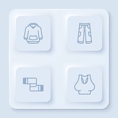 Kapüşonlu, pantolonlu, atkılı ve fanilalı. Beyaz kare düğme. Vektör